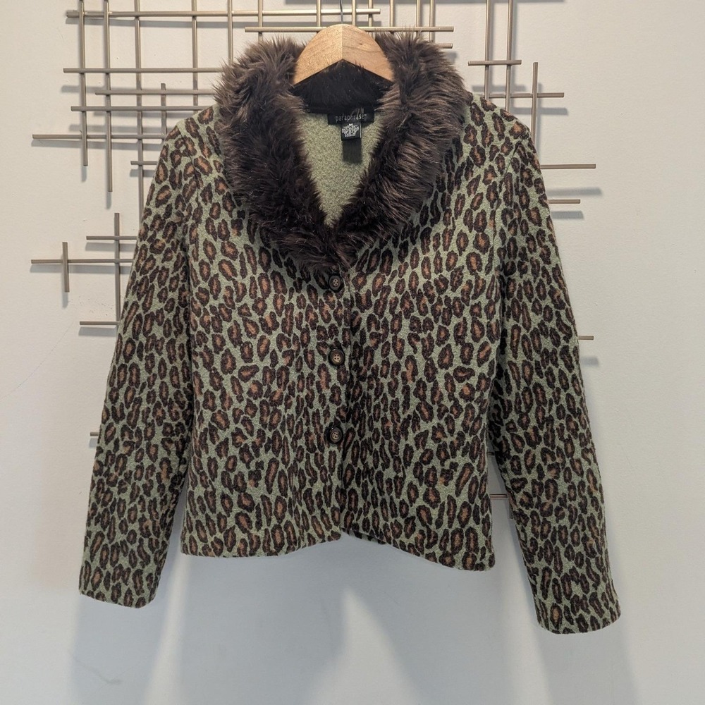 Vtg Y2K Wool Jacket Green Leopard Animal Print Faux Fur Collar Button Up Sz M